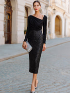 One-Shoulder Draped Satin Sequin Bodycon Midi Gown