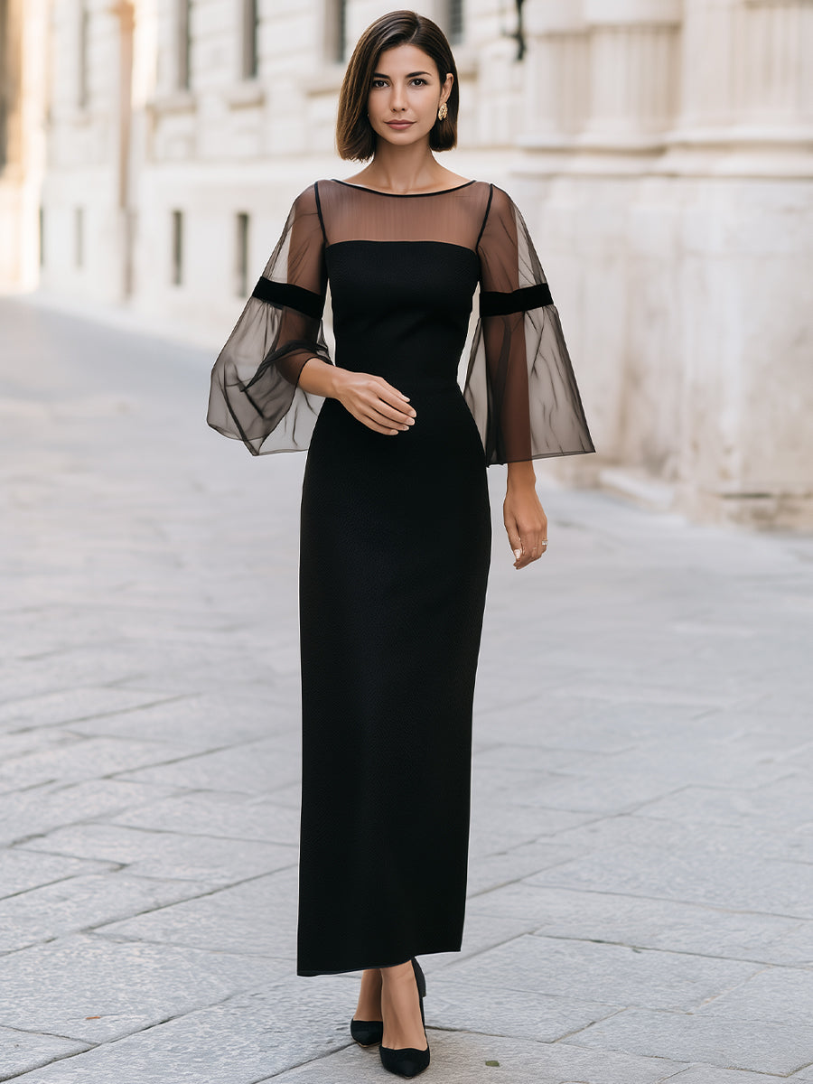 Elegant Sheer Bell Sleeve Column Maxi Dress