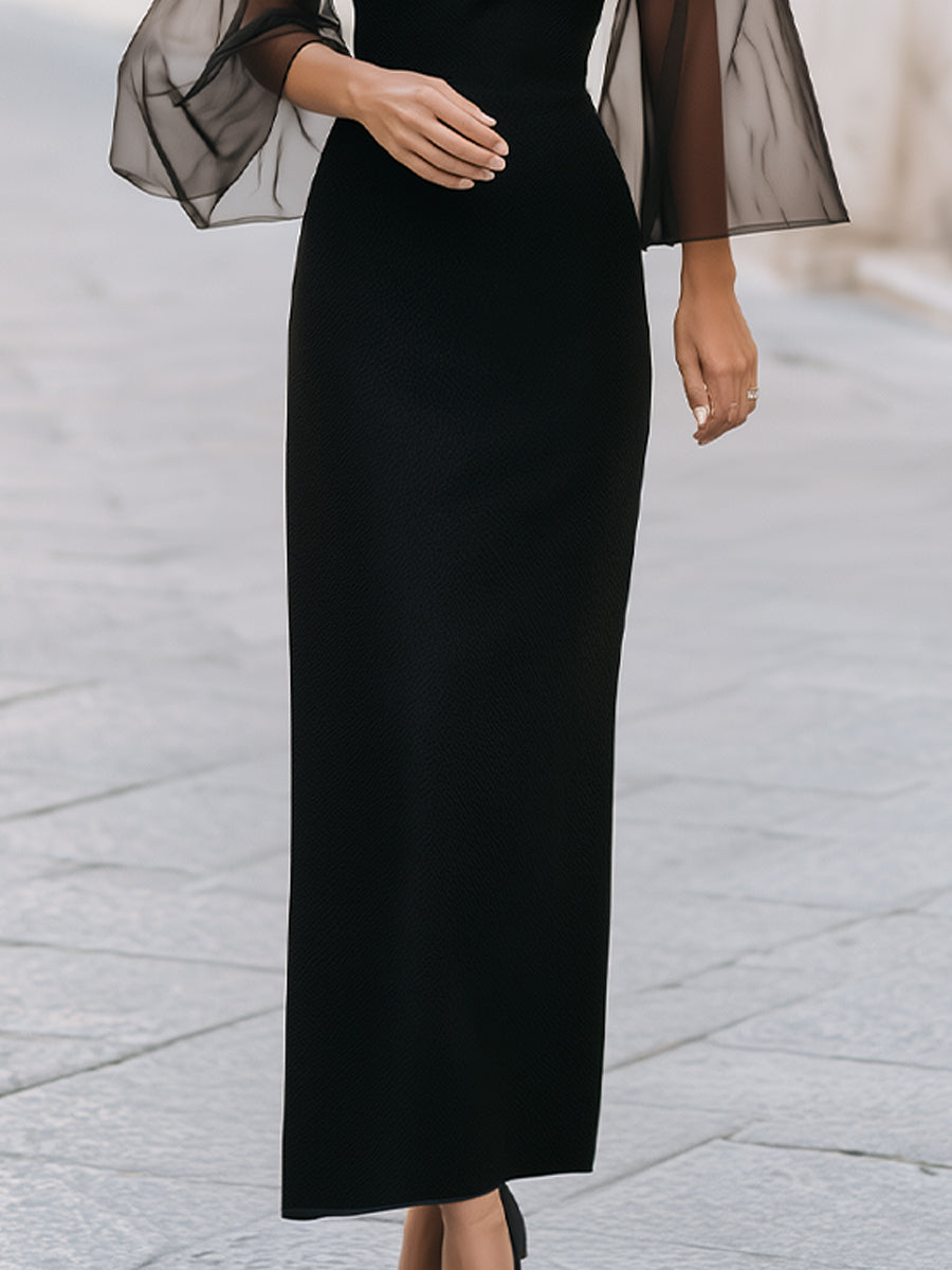 Elegant Sheer Bell Sleeve Column Maxi Dress