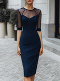 Sheer Mesh Panel Sweetheart Elbow-Sleeve Pencil Midi Dress