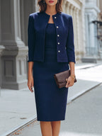 Pearl Button Cropped Jacket & Pencil Dress Tailored Set