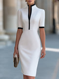 High-Collar Contrast Trim Sheath Midi Dress