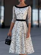Contrast Waist Sheer Mesh Floral Print Midi Dress