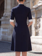 Contrast Trim Mandarin Collar Button-Down A-Line Midi Dress