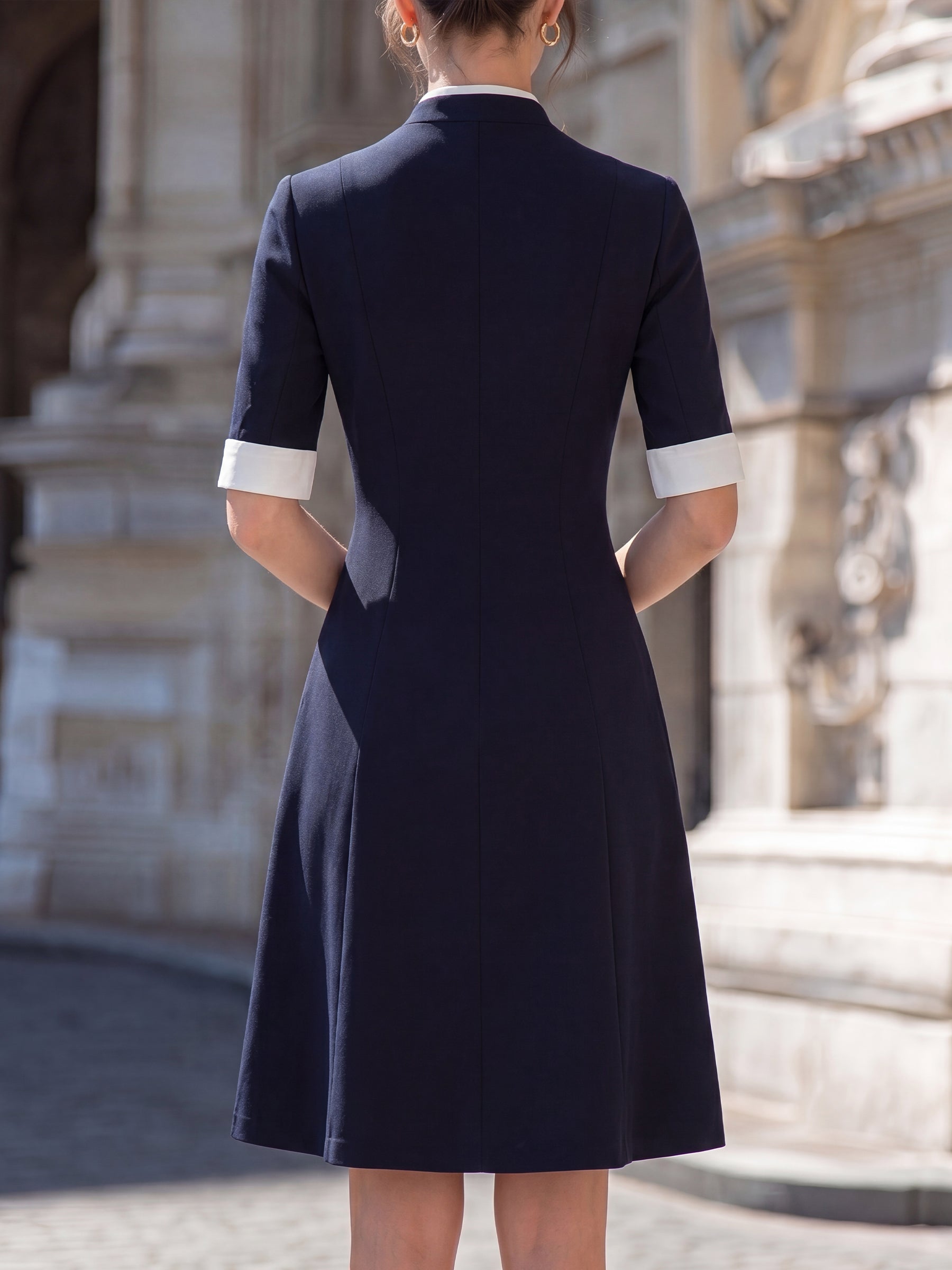 Contrast Trim Mandarin Collar Button-Down A-Line Midi Dress