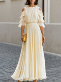 Cold Shoulder Layered Sleeve Chiffon Maxi Dress Flowing Pleats