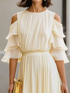 Cold Shoulder Layered Sleeve Chiffon Maxi Dress Flowing Pleats