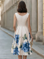 Elegant Boat Neck Sleeveless Floral Pleated Midi Dress