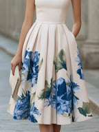 Elegant Boat Neck Sleeveless Floral Pleated Midi Dress