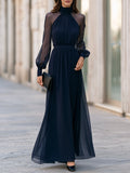 Elegant High Neck Sheer Sleeve Pleated Maxi Dress Draped Silhouette