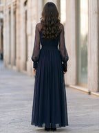 Elegant High Neck Sheer Sleeve Pleated Maxi Dress Draped Silhouette
