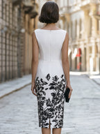 Elegant Boat Neck Sleeveless Floral Contrast Midi Dress Sculpted Silhouette