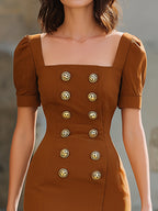 Double-Breasted Square-Neck Tailored Midi Shirt Dress