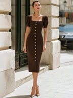 Square-Neck Double-Breasted Tailored Midi Dress