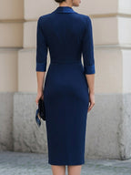 Navy Satin Lapel Wrap Ruched Front Slit Midi Dress
