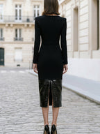 V-Neck Long Sleeve Two-Tone Crepe & Croc Faux Leather Bodycon Midi Dress