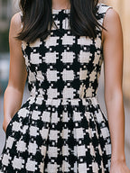 Sleeveless Houndstooth Tweed Pleated Flare Midi Dress