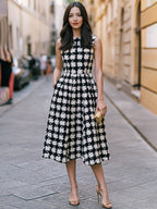 Sleeveless Houndstooth Tweed Pleated Flare Midi Dress