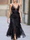 Sheer Mesh V-Neck Wrap Dress Thin Straps Cascading Flowy Tulle Ruffle Hem