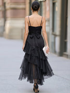 Sheer Mesh V-Neck Wrap Dress Thin Straps Cascading Flowy Tulle Ruffle Hem