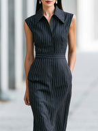 Pinstripe Sleeveless Collared Sheath Midi Dress