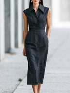 Pinstripe Sleeveless Collared Sheath Midi Dress