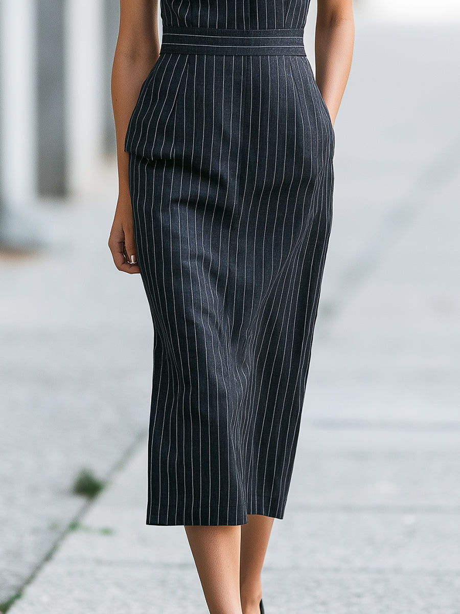 Pinstripe Sleeveless Collared Sheath Midi Dress