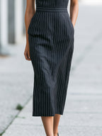 Pinstripe Sleeveless Collared Sheath Midi Dress
