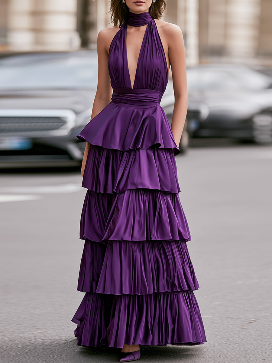 High Neck Halter Plunging V Bodice Ruched Waist Cascading Ruffle Tiered Long Dress