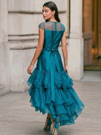 Cap Sleeve Mesh Neck Satin Wrap Dress Multi-Layer Ruffle Asymmetrical Hem