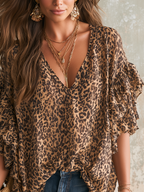 Lightweight Bohemian Leopard Print Ruffle Sleeve Top