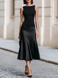 Boat Neck Sleeveless Two-Tone Crepe & Satin Midi Dress