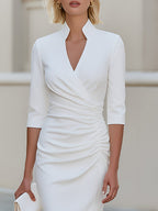 Stand Collar V-Neck 3/4 Sleeve Side Ruched Wrap Midi Dress