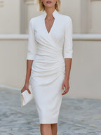 Stand Collar V-Neck 3/4 Sleeve Side Ruched Wrap Midi Dress