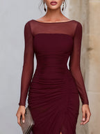 Sheer Mesh Ruched Long Sleeve Slit Maxi Dress