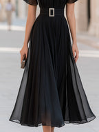 Semi-sheer Yoke Belted Chiffon Midi Dress
