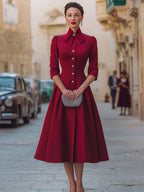 Rhinestone Embellished Bow Collar Red Tailored Swing Midi Dress