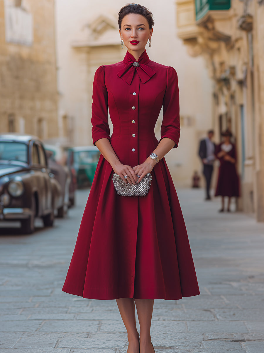 Rhinestone Embellished Bow Collar Red Tailored Swing Midi Dress
