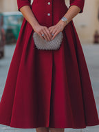 Rhinestone Embellished Bow Collar Red Tailored Swing Midi Dress