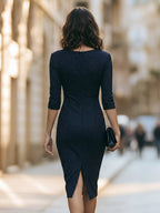 Elegant Navy Draped V-Neck Sheath Midi Dress Three Quarter Sleeve Design