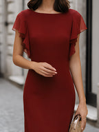Elegant Boat Neck Sheath Midi Dress Flutter Sleeve Design