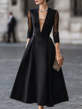 Plunging V Neck Sheer Mesh Sleeve Glossy Satin Swing Midi Dress