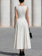 Sleeveless Boat Neck Polka Dot Fit-and-Flare Midi Dress