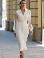 Sheer Sleeve Button-Front Sheath Midi Dress