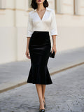 White Satin Collared V-Neck 3/4 Sleeve Black Velvet Ruched Mermaid Midi Dress