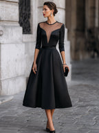 Elegant Formal Sheer Mesh Sweetheart V Bodice Swing Midi Cocktail Gown