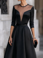 Elegant Formal Sheer Mesh Sweetheart V Bodice Swing Midi Cocktail Gown