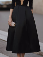 Contrast Gold Glitter V-Neck Three-Quarter Sleeve Full A-Line Midi Dress