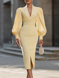 Wrap-Front Balloon-Sleeve Tailored Midi Dress