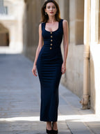 Sleeveless U-Neck Button-Detail Bodycon Maxi Dress